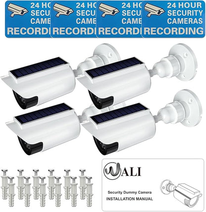 WALI Fake Dummy Camera, Solar Powered Fake Security Camera with LED Light, for Inside Outside Decoy Simulated Surveillance Security CCTV Dome Cameras with Warning Sticker (SOLTC-W2), 2 Packs, White