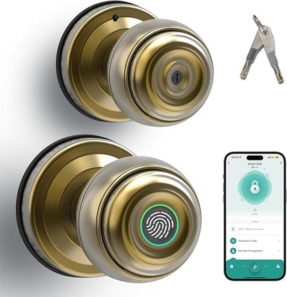 UMIKSMART Fingerprint Door Knob Lock, Smart Keyless Entry Door Knob with Tuya App Control & Auto-Lock, Backup Key, Easy Install for Home, Apartment, Office, Bronze