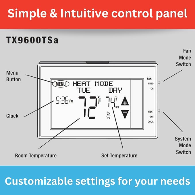 TX9600TS Programmable 7-Day Large Touchscreen Heating Cooling Thermostat, White | Large Touchscreen, Universal 2-Heat/1-Cool