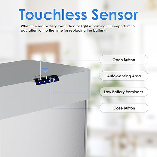 Sensor Trash Can, Touchless Motion Sensor Trash Bin, Smart Automatic Garbage Can with Soft-Close Lid, Bag Retainer Ring and Display Light,for Kitchen,Living Room Office (Silver, 16 Gal)