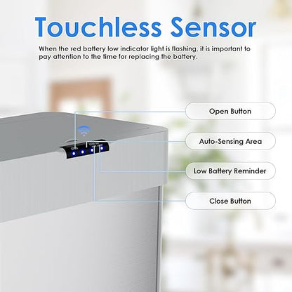 Sensor Trash Can, Touchless Motion Sensor Trash Bin, Smart Automatic Garbage Can with Soft-Close Lid, Bag Retainer Ring and Display Light,for Kitchen,Living Room Office (Silver, 16 Gal)