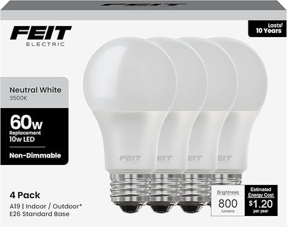 Feit Electric A19 LED Light Bulb, 60W Equivalent, E26 Medium Base, 800 Lumens, 3500K Neutral White, Non-Dimmable Standard Light Bulb, 10-Year Lifetime, A800/835/10KLED/4, 4 Packs