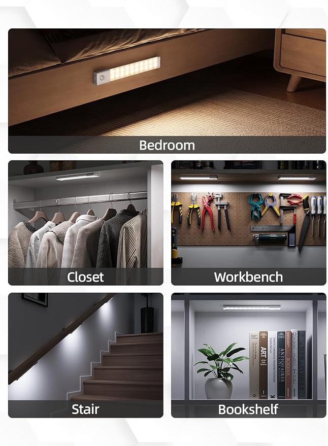 EZVALO 6 Pack 8 inch Under Cabinet Lighting with Charging Station, Rechargeable Motion Sensor Lights, Wireless Magnetic LED Closet Lights, 3 Color Temperatures, Dimmable for Kitchen, Pantry, Stair