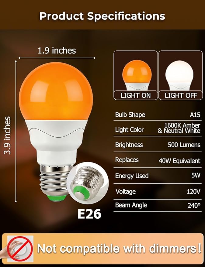 LED Sleep Amber Light Bulbs with Remote Control, 1600K E26 Circadian Light Bulb A15, 5W(40W Equivalent) for Sleep Therapy, Baby Nursery, Bedroom (4 Packs)