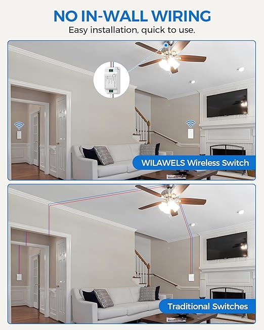 3 Way Wireless Light Switch and Receiver Kit, WILAWELS Wireless Light Switch with 2 Receivers for Ceiling Light, Fan, Lamp, Moveable, 100FT RF Range, No Wiring, No Interference W06RC2106