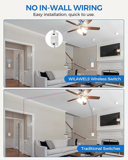 3 Way Wireless Light Switch and Receiver Kit, WILAWELS Wireless Light Switch with 2 Receivers for Ceiling Light, Fan, Lamp, Moveable, 100FT RF Range, No Wiring, No Interference W06RC2106