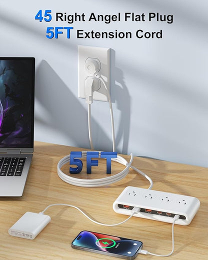 Power Strip with USB C 35W,10-in-1 Flat Plug Wall Charger - 5FT Extension Cord with 4AC, 3 USB A & 3 USB C - PD20W Charging Station for Multiple Devices - Travel Home Office (White)