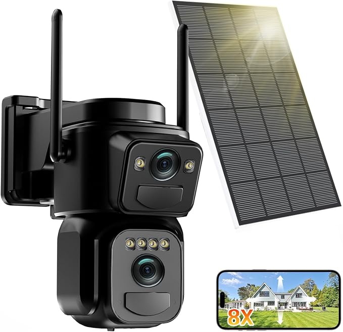 4K Solar Security Cameras Wireless Outdoor Battery Powered, 2.4GHz Dual Lens Bullet & 360° PTZ Outdoor Security Camera with Solar Panel, Digital Zoom, Night Vision,PIR Sensor (1Pack)