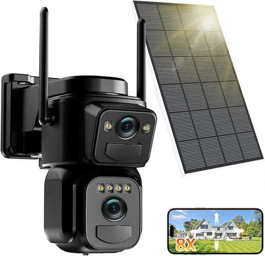 4K Solar Security Cameras Wireless Outdoor Battery Powered, 2.4GHz Dual Lens Bullet & 360° PTZ Outdoor Security Camera with Solar Panel, Digital Zoom, Night Vision,PIR Sensor (1Pack)