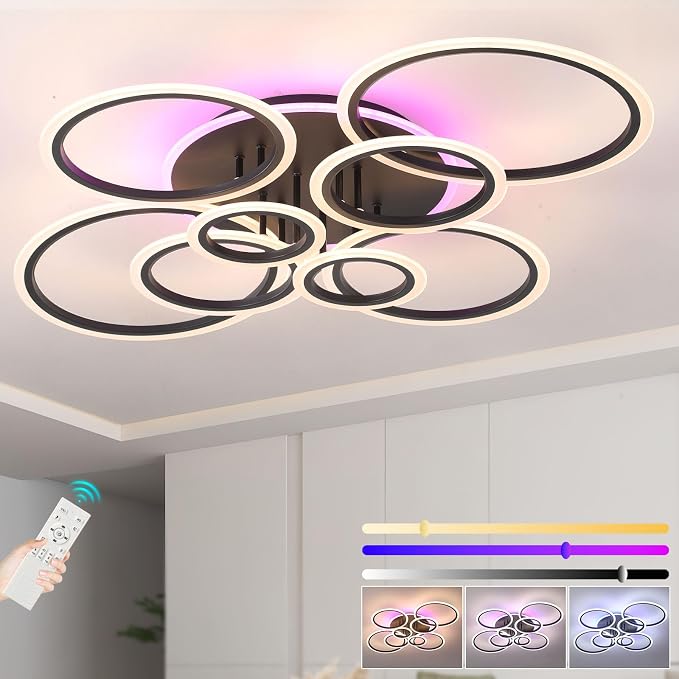 80W LED Ceiling Light, Modern Dimmable Flush Mount with Remote Lamp | Modern Black Flush Mount Fixture with RGB Ambient Backlight, Dimmable 3000K-6000K,10%-100% Brightness for Living Room Bedroom