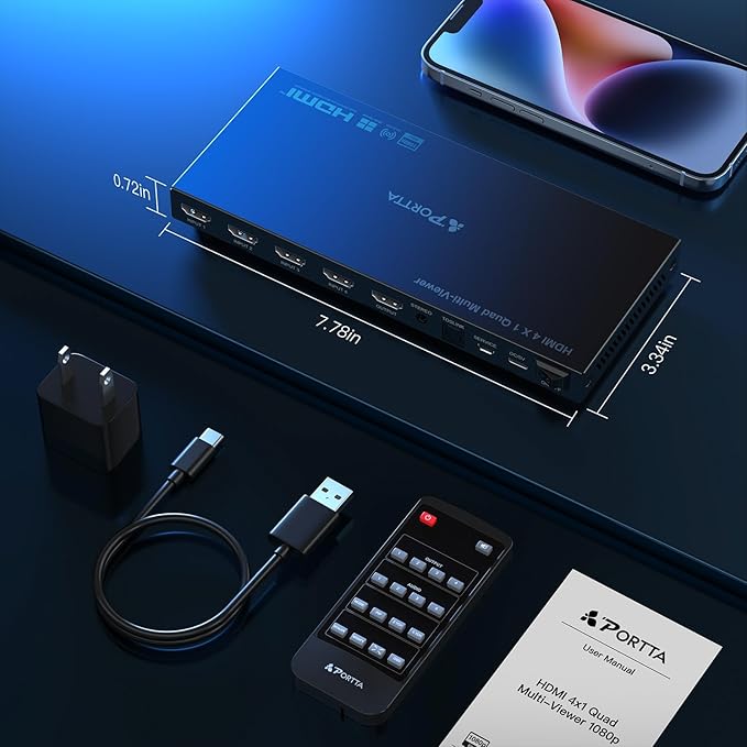 HDMI Multiviewer Switch 4x1 with PIP, PORTTA Quad Multi Viewer Seamless Switcher 4 in 1 Out with Toslink, 3.5mm Audio Output Support 1080p 60Hz, 6 Viewing Modes, Downscaler, Compatible with PS4 Xbox