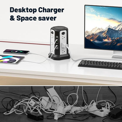 PD65W USB C Fast Desktop Charging Station, PASSUS Surge Protector Power Strip with 12 AC Outlets|4 USB C|1 USB A, 10FT Extension Cord with Overload Protection for Home Office Dorm