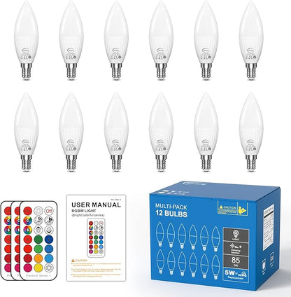 E12 LED Bulb Color Changing Candelabra Light Bulb with Remote Control, 50W Incandescent Equivalent, 560 Lumen,Cool White 5000K + 12 Colors, 5W E12 Small Base, Decorative Chandelier Light Bulb, 12 Pack
