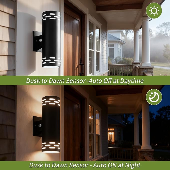 Dusk to Dawn Modern Outdoor Wall Lights, 12'' Up and Down LED Cylinder Exterior Lighting Fixtures, 23W 3000K IP65 Waterproof Wall Sconces for House, Garage, Patio, Porch, Black