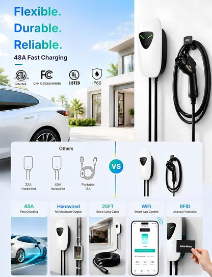 48A Level 2 EV Charger Station Hardwired, J1772 240V 11.5kW WiFi App 25ft | Garage Home Driveway EV Charger,2.4GHz Smart Control,RFID Access,Indoor Outdoor Installation,UL ETL FCC Certified,Overheat