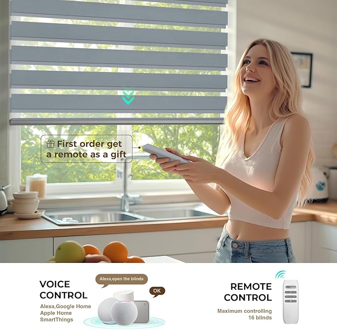 HeyBlinds Motorized Zebra Blinds with Remote, Smart Cordless Electric Zebra Shades for Indoor Windows Compatible with Alexa Google & Homekit, Custom Size (Minimalism-Gray BO)