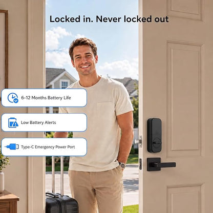 WiFi Smart Door Lock - Keyless Entry Door Lock for Front Door, Fingerprint Door Lock with App Control, 5-in-1 Touchscreen Deadbolt with 6 Keys & 2 NFC Cards, Built-in 2.4G WiFi
