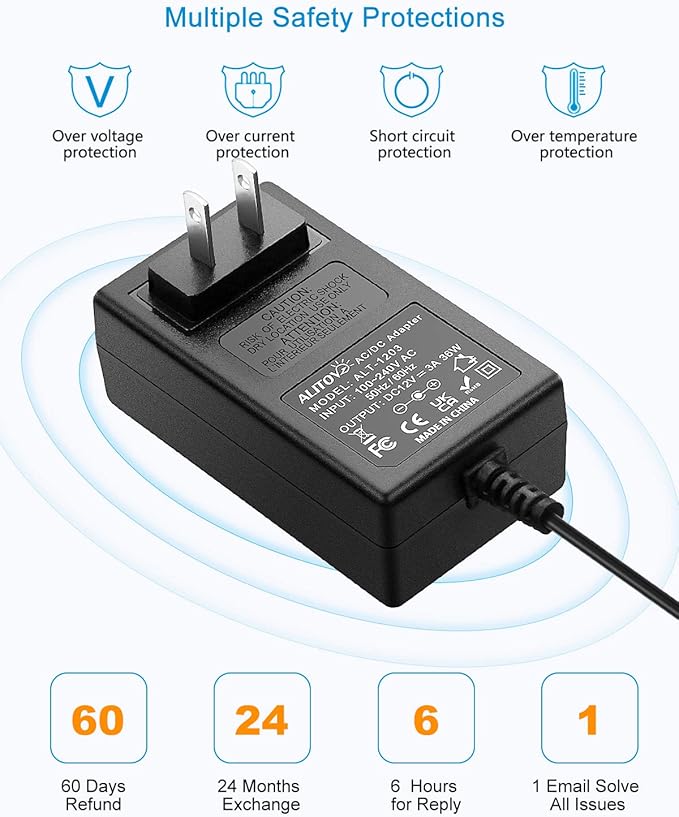 ALITOVE 12V 3A Power Supply DC 12 Volt AC Adapter 36W 2.5A 2A 1.5A 1A Replacment Power Cord Converter Transformer 4.92Ft with 10 Tips for LED Strip Light CCTV Security Camera Router PC Monitor