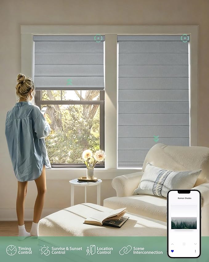 Yoolax Motorized Roman Shades with Remote, Smart Roman Shades for Indoor Windows, Blackout Automatic Blinds Work with Alexa, Google, Apple Homekit for Living Room Bedroom, Customized (Foggy White)