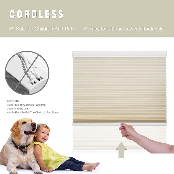 Changshade Cordless Cellular Shades Light Filtering Custom Size, Honeycomb Door Indoor Window Blinds 1.5 inch Cell Easy Install for Home, Office, Living Room, Bedroom, Bathroom, Nursey, Beige