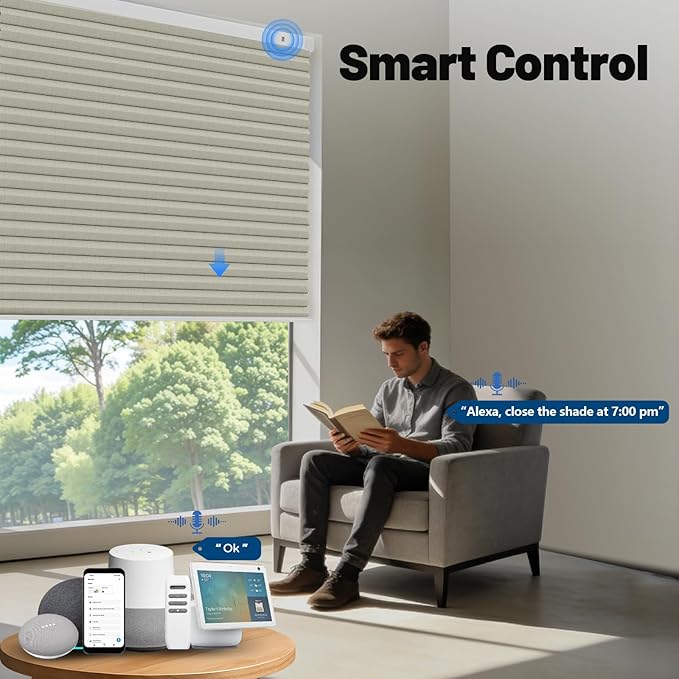 Motorized Cellular Shades with Remote, Smart Cellular Shades Compatible with Apple HomeKit, Alexa & Google Home, Cordless Honeycomb Window Blinds for Indoor Windows, Blackout Beige Linen