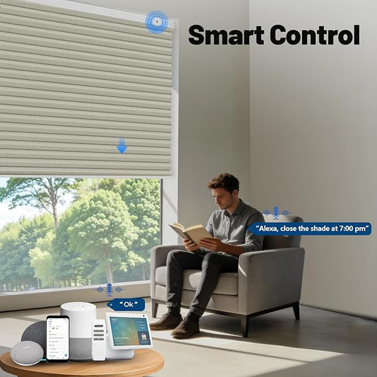 Motorized Cellular Shades with Remote, Smart Cellular Shades Compatible with Apple HomeKit, Alexa & Google Home, Cordless Honeycomb Window Blinds for Indoor Windows, Blackout Beige Linen
