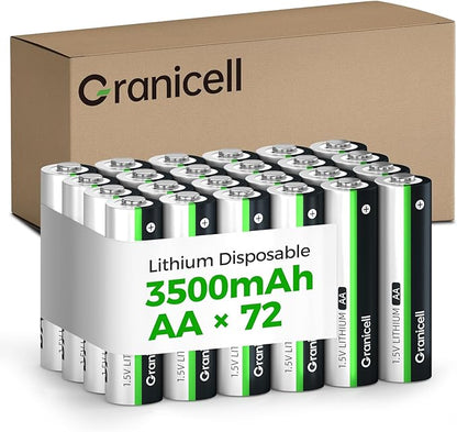 Granicell 72-Pack 3500mAh Lithium AA Batteries | 1.5V for Blink Cameras, Smart Locks, Alarms & Tech Devices | 10-Year Life, Leak-Proof, Extreme-Temp Resistant (Non-Rechargeable)