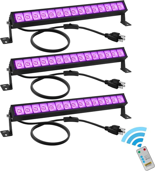 48W LED Black Light Bar Blacklight Bars with Plug and Switch Light Up 22x22ft Area for Glow Party Halloween Parties Bedroom Decorations Stage Lighting -3pack Carrying a Remote Control