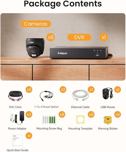 Anlapus 4K Home Security Camera System Outdoor Indoor, H.265+ 8CH CCTV DVR with AI Human Vehicle Detection, 8 x Wired Surveillance Dome Camera, 80ft Night Vision, Audio Recording, Remote Access