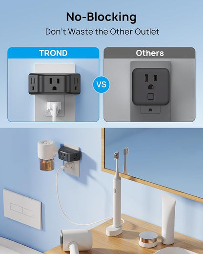 TROND Multi Plug Outlet 3 Pack, Wall Extender with 3-Prong Grounded Sockets | 3 Way Angled Outlet Adapter, Cruise Essentials, Small Multiple Expander for Travel, Home, Hotel, Dorm Room, Black