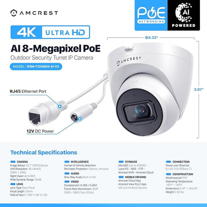 Amcrest Refurbished 4K (8MP) Outdoor Security IP Turret PoE Camera, 3840x2160, Human & Vehicle Detection, 98ft NightVision, 125° FOV, IP67, MicroSD Recording (256GB), REP-IP8M-T2599EW-AI-V3 (White)