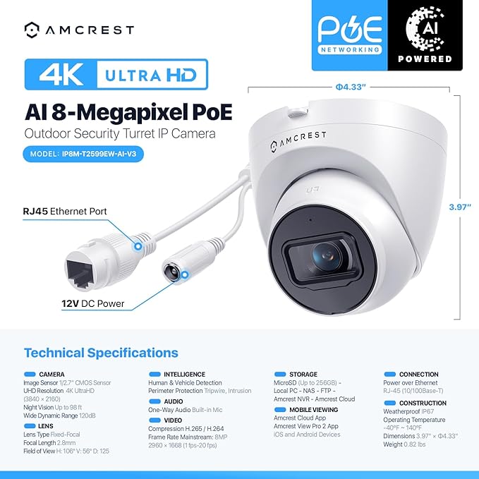 2-Pack Amcrest UltraHD 4K (8MP) Outdoor Security IP Turret PoE Camera, 3840x2160, 98ft NightVision, 125° FOV, IP67, MicroSD Recording (256GB), White (2PACK-IP8M-T2599EW-AI-V3)