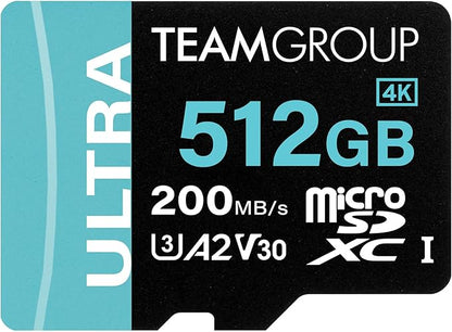 TEAMGROUP A2 Ultra Card 512GB MicroSDXC UHS-I U3 A2 V30, R/W up to 200/170MB/s for Nintendo Switch 1, Steam Deck, Gaming Devices, Tablets, Smartphones, 4K Shooting, with Adapter TULMSDX512GIA2V3022503