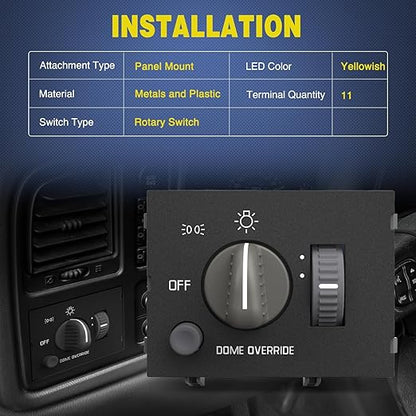 Nilight Headlight Dimmer Switch Compatible with 1995 1996 1997 1998 1999 Chevy Silverado 1500 Tahoe Astro GMC Yukon 2000 Cadillac Escalade Yellowish LED Light