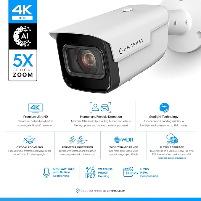 Amcrest 4K Optical Zoom AI IP PoE Camera, Varifocal Outdoor IP POE Camera Bullet, Human & Vehicle Detection, F1.5, 2.7mm~13.5mm Lens, IP67, 5X Optical Zoom, (IP8M-VB2696EW-AI)
