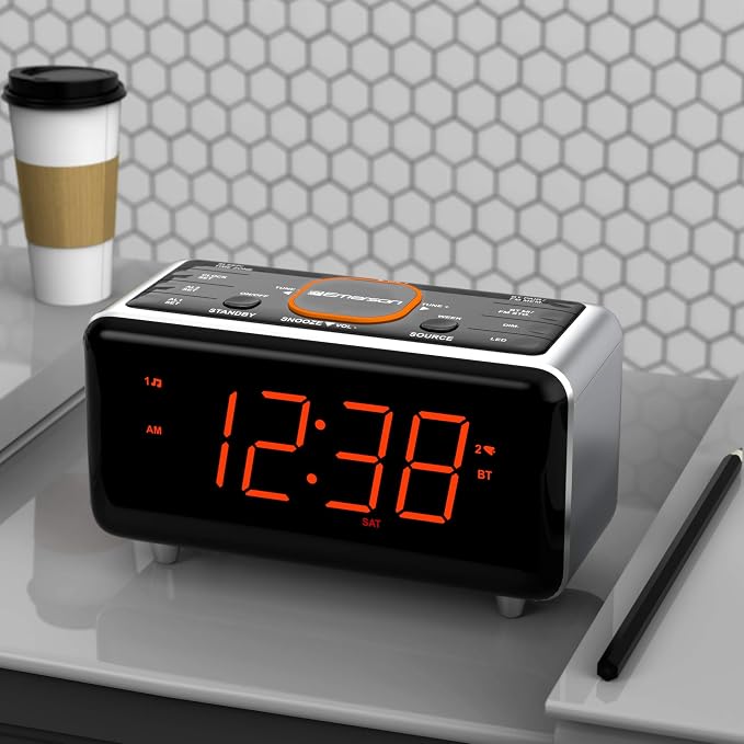 Emerson CKS1521-A SmartSet Bluetooth Dual Alarm Clock Radio with 1.4” Orange LED Display, Auto Time-Set, USB Phone Charger, FM Radio, AUX Input, Auto-Dimmer & Orange Accent Light