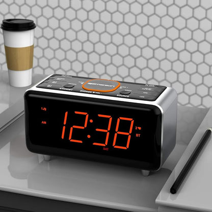 Emerson CKS1521-A SmartSet Bluetooth Dual Alarm Clock Radio with 1.4” Orange LED Display, Auto Time-Set, USB Phone Charger, FM Radio, AUX Input, Auto-Dimmer & Orange Accent Light