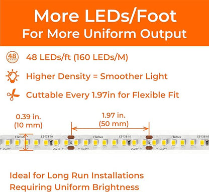 24V 2835 LED Strip Lights 4000K, 300+LM/FT, 32.8FT, UL Listed, CRI95, High Density 160LEDs/m Tape Light, Cuttable, Dimmable, VHB Equipped, for Pros, Architectural Lighting (NO Power Supply)