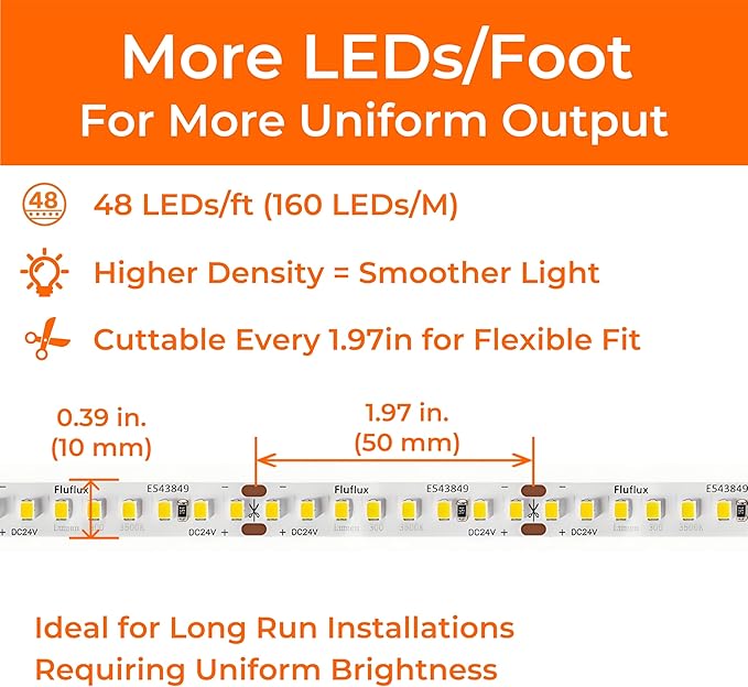 24V 2835 LED Strip Lights 3000K, 300+LM/FT, 32.8FT, UL Listed, CRI95, High Density 160LEDs/m Tape Light, Cuttable, Dimmable, VHB Equipped, for Pros, Displays, Highlightings (NO Power Supply)