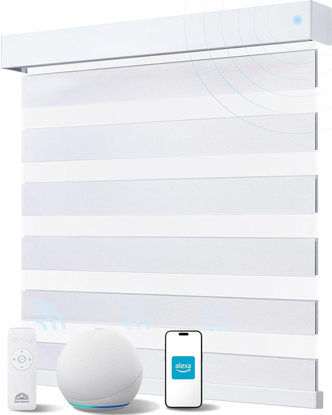 Smart Zebra Blinds for Windows, Alexa Motorized Blinds with Remote Control, Automatic Electric Power Zebra Shades for Indoor Windows (38" W x 72" H, White)