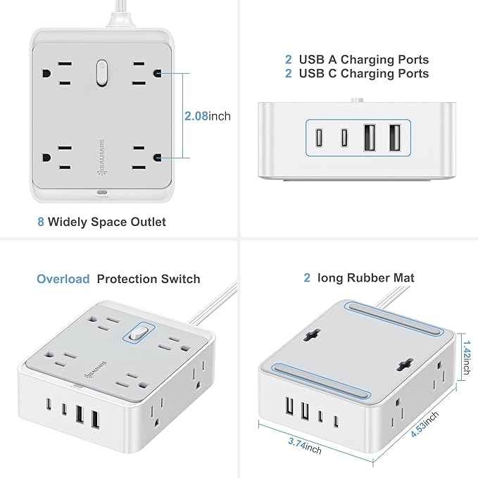 Surge Protector Power Strip, REALMADE 8 AC 4 UAB Power Strip with 950J Surge Protection, Flat Plug Outlet Extender, 10Ft Extension Cord, Wall Mount Desk Charging for Home Office， Gray & White