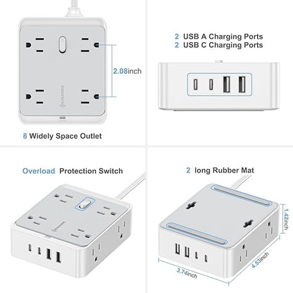 Surge Protector Power Strip, REALMADE 8 AC 4 UAB Power Strip with 950J Surge Protection, Flat Plug Outlet Extender, 10Ft Extension Cord, Wall Mount Desk Charging for Home Office， Gray & White