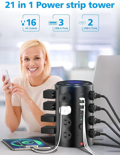 Power Strip Tower Surge Protector with 16 Outlets and 5 USB Ports (2 USB-C), 20FT Extension Cord with Multiple Outlets,Heavy Duty Charging Station,Home Office Dorm Room Essentials.No Wireless Charging