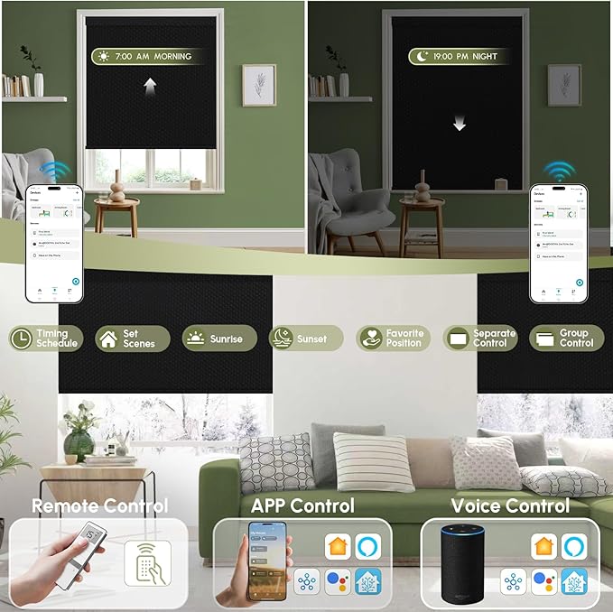 FineTell Motorized Blinds with Remote, 100% Blackout Roller Shades Compatible with Alexa,Apple Homekit,Google Home APP and Voice Control, Customized Electric Blinds (100% Blackout Pure Black)