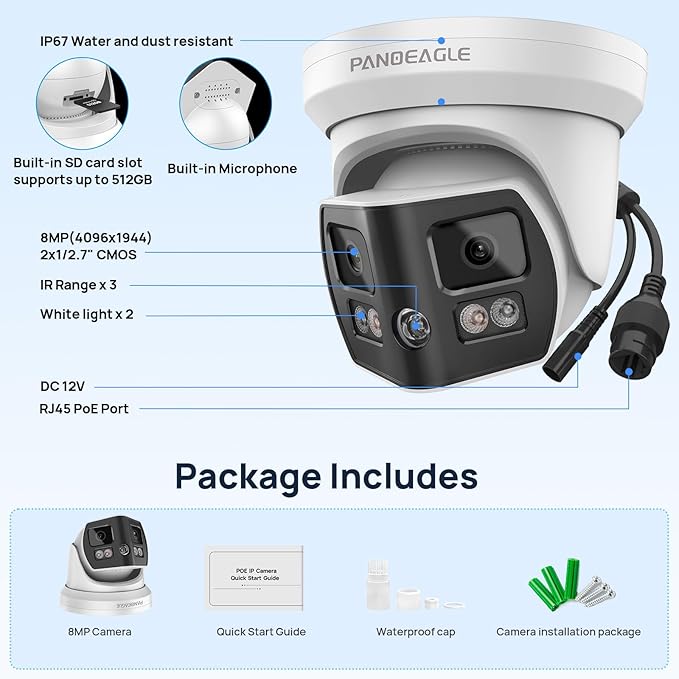 4K 8MP Dual Lens Security Camera Outdoor with 180° Panoramic Wide Angle, Human/Vehicle Detection, Full Color/EXIR 2.0 Night Vision, POE IP Camera with 2-Way Audio, SD Slot(up to 512G),IP67,B LUE Iris