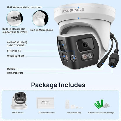 4K 8MP Dual Lens Security Camera Outdoor with 180° Panoramic Wide Angle, Human/Vehicle Detection, Full Color/EXIR 2.0 Night Vision, POE IP Camera with 2-Way Audio, SD Slot(up to 512G),IP67,B LUE Iris
