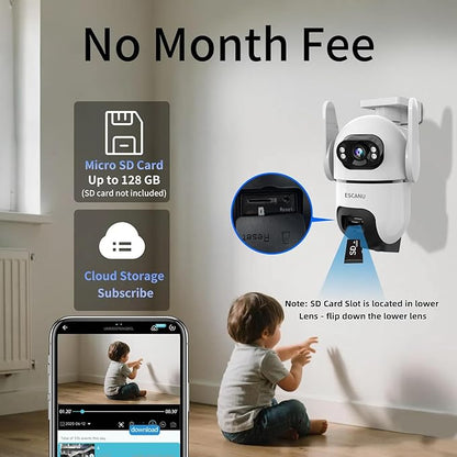 Dual Lens Security Cameras Wireless Outdoor for Home Security, 2K Ultra HD Resolution, 2.4GHz WiFi, 2-Way Audio, Color Night Vision, Motion Detection, PTZ 360 Coverage, No Monthly Fee, IP65 Waterproof