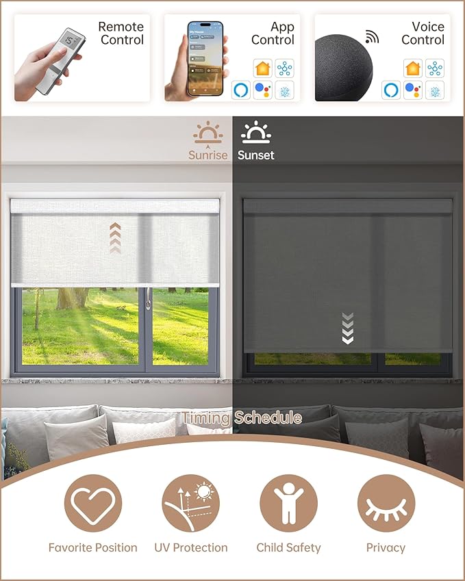 Kincmo Motorized Blinds with Remote, Light Filtering Roller Shades Work with Apple Homekit,Alexa,Google Home, Custom Electric Blinds with App,Voice Control (70% Blackout Aurora White)
