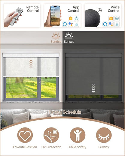 Kincmo Motorized Blinds with Remote, Light Filtering Roller Shades Work with Apple Homekit,Alexa,Google Home, Custom Electric Blinds with App,Voice Control (70% Blackout Aurora White)