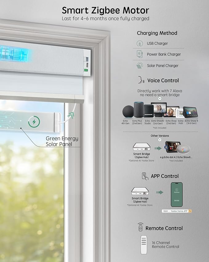 Yoolax Motorized Cellular Shades Compatible with Alexa, Blackout Smart Honeycomb Blinds with Remote for Indoor Windows, Automatic Honeycomb Shades for Bedroom Office, 32" W x 72" H (White)
